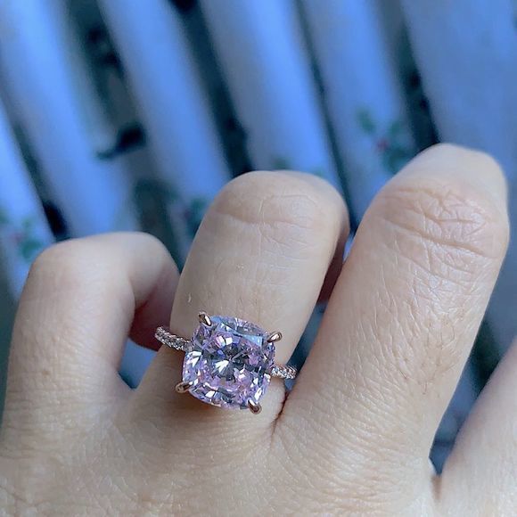 Diamond Under Halo Ring with 5 Carat Cushion Cut‎ Morganite Engagement Ring - Picture 9 of 17